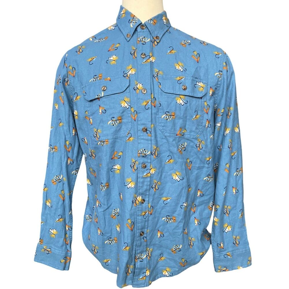 Long Sleeve Printed Flannel Men Button Down Shirt, Blue Fly Fishing, Sz L